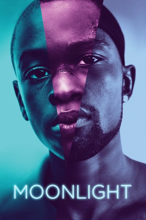 The poster features a striking portrait of a man split in two colors: one side is dark, the other is vibrant purple. The cool blue background enhances the dramatic mood, while the bold text "MOONLIGHT" anchors the image.