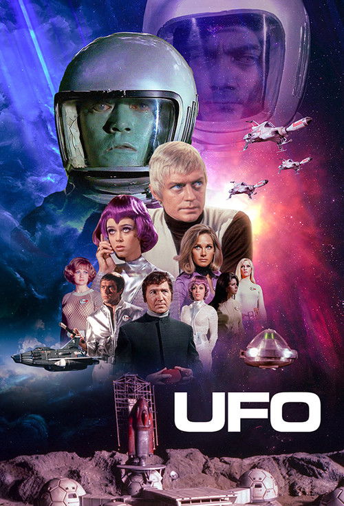 This UFO poster features a cosmic scene with astronauts and space exploration elements, blending futuristic sci-fi with mysterious atmosphere. The dark background and vibrant colors evoke a sense of wonder and adventure, inviting viewers to imagine thrilling stargazing experiences.