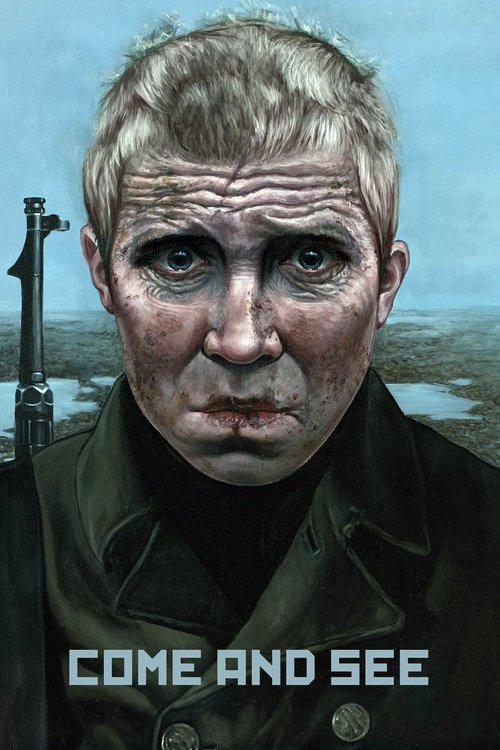 The poster features a weathered, intense face of an older man with a somber expression, set against a muted, desaturated landscape. The muted earth tones and shadowy background evoke a sense of mystery and tension, while the bold, white text "COME AND SEE" adds a stark, commanding presence.