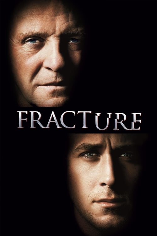 The poster features two men in shadowy tones, their faces illuminated by dramatic lighting that emphasizes their intense expressions. The title "FRACTURE" is prominently displayed in bold, metallic letters, suggesting themes of breaking and resilience. The overall mood is somber yet powerful, hin...