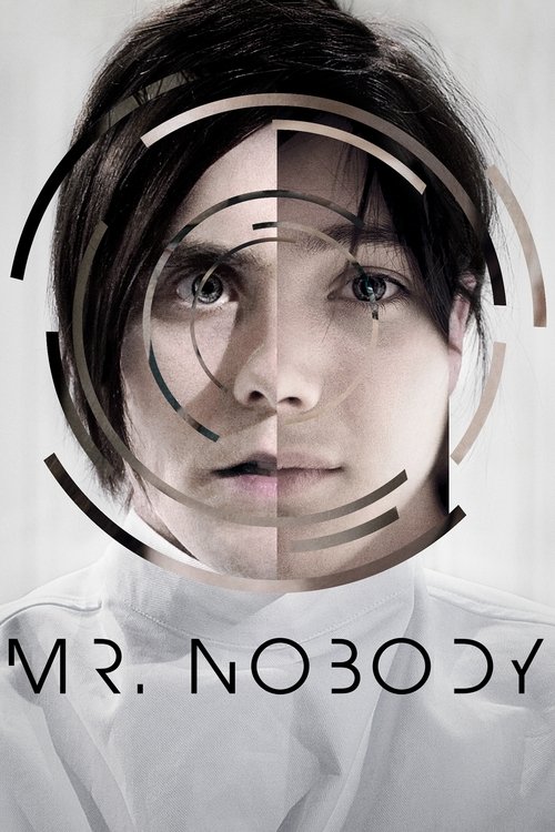 The poster features a young man with dark hair, his face partially obscured by a digital overlay of concentric circles and lines. The monochrome palette emphasizes the eerie, mysterious atmosphere. The title "Mr. Nobody" is boldly displayed at the bottom, suggesting a sense of isolation and mystery.