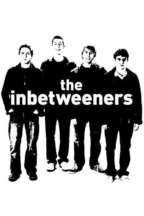 The Inbetweeners poster features five young men in black-and-white, standing side by side against a stark white background. The bold, sans-serif text "the inbetweeners" dominates the center, creating a minimalist yet energetic visual. The monochromatic palette evokes a gritty, urban atmosphere, s...