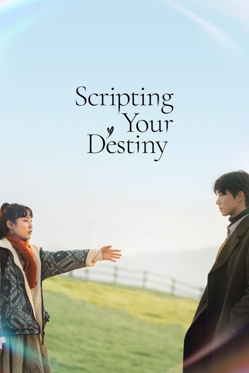 The poster features two characters standing on a grassy hill under a soft blue sky. The man on the left, wearing a patterned jacket, gestures toward the other character on the right, who is dressed in a dark coat. The mood is contemplative and serene, with warm lighting enhancing the peaceful atm...