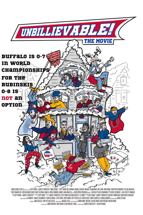 The poster features a chaotic scene of animated characters in various poses, with a central figure in a blue suit surrounded by others in red, white, and blue clothing. The background is filled with cartoonish elements like a house and buildings, all rendered in bright colors. The overall mood is...