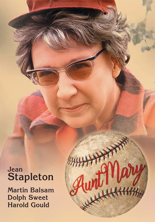 The poster features an elderly woman with short gray hair and sunglasses, wearing a red and black striped shirt. A baseball with "Aunt Mary" written on it is prominently displayed in the foreground. The warm, nostalgic colors and the woman's gentle expression evoke a sense of warmth and connectio...