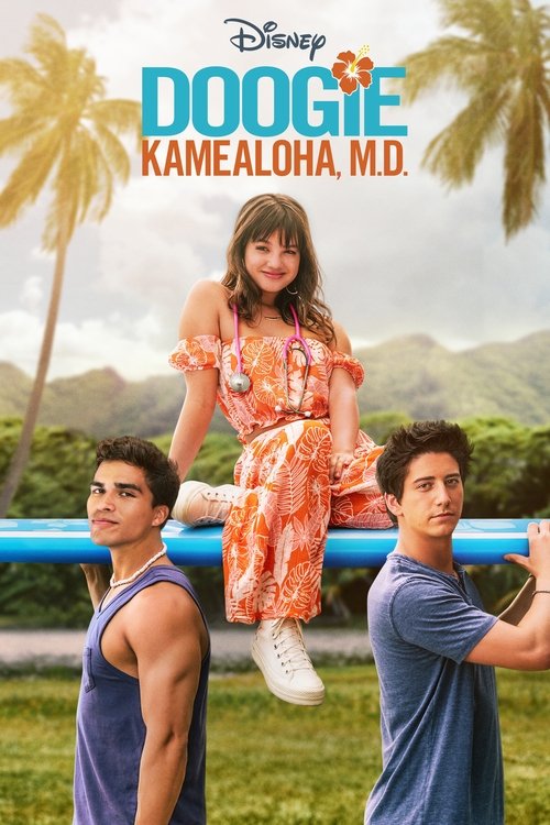 The poster features a vibrant tropical scene with a girl in an orange dress perched on a blue pole, flanked by two men in tank tops. The warm sunset hues and palm trees evoke a playful, carefree mood, capturing the essence of a summer vacation adventure.