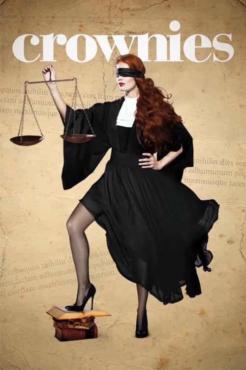The poster features a woman in a black dress with a crown, holding a scale of justice above a basket of money. She wears a red headband and black stockings, exuding authority and wealth. The background is a textured, sepia-toned page with faint text, evoking a classic, mysterious atmosphere.