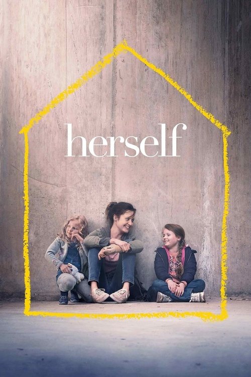 The poster features three women sitting together inside a yellow house outline, exuding warmth and connection. The soft lighting and earthy tones create a cozy, intimate atmosphere, while the bold title "herself" stands out against the muted background.