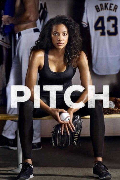 The poster features a determined woman in athletic gear holding a baseball, with "PITCH" prominently displayed in bold white letters. In the background, players in white uniforms stand, suggesting a professional baseball setting. The image conveys a sense of focus and determination, with vibrant ...