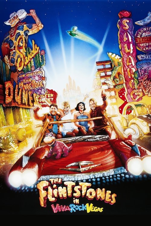 The vibrant poster features Fred and Wilma Flintstones in a red car, surrounded by colorful billboards and neon lights, evoking a lively Vegas atmosphere. The bright colors and dynamic composition create an energetic and nostalgic mood, capturing the essence of the classic film.