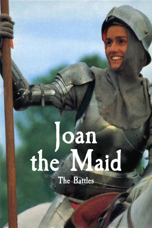 The poster features a smiling woman in medieval armor, holding a staff against a bright blue sky. The title "Joan the Maid" is prominently displayed in bold white letters, with "The Battles" written below. The overall mood is adventurous and historical, capturing the spirit of a medieval tale.