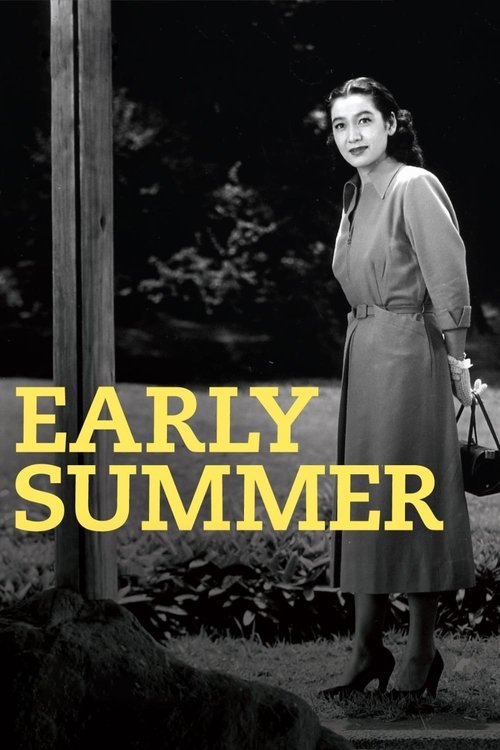 The poster features a woman in a vintage dress standing in a dark, moody outdoor setting, evoking a nostalgic, timeless atmosphere. The bold yellow text "EARLY SUMMER" stands out against the muted tones, suggesting a warm, sun-drenched period piece.