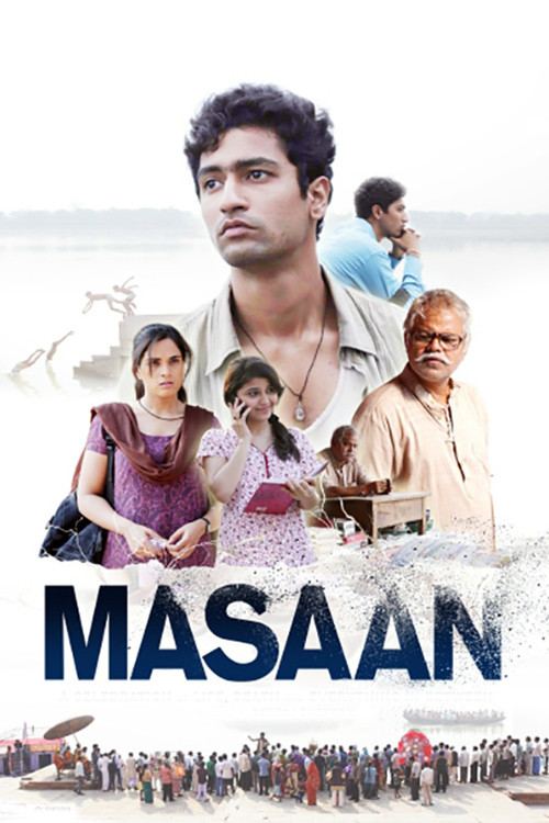 The poster features a vibrant scene with a young man in a light shirt, surrounded by a diverse group of people in colorful clothing. The ocean backdrop suggests a journey or adventure. The title "Masaan" is prominently displayed in bold blue letters. The overall mood is adventurous and warm, hint...