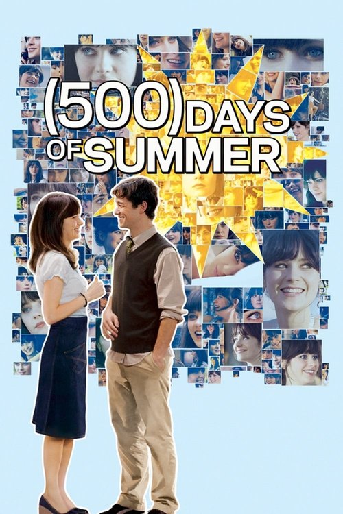 The poster features a young man and woman standing in front of a collage of small images, evoking a nostalgic summer atmosphere. The warm yellow and blue tones suggest a nostalgic yet hopeful mood, while the title "500 Days of Summer" hints at the film's emotional journey through time and memory.