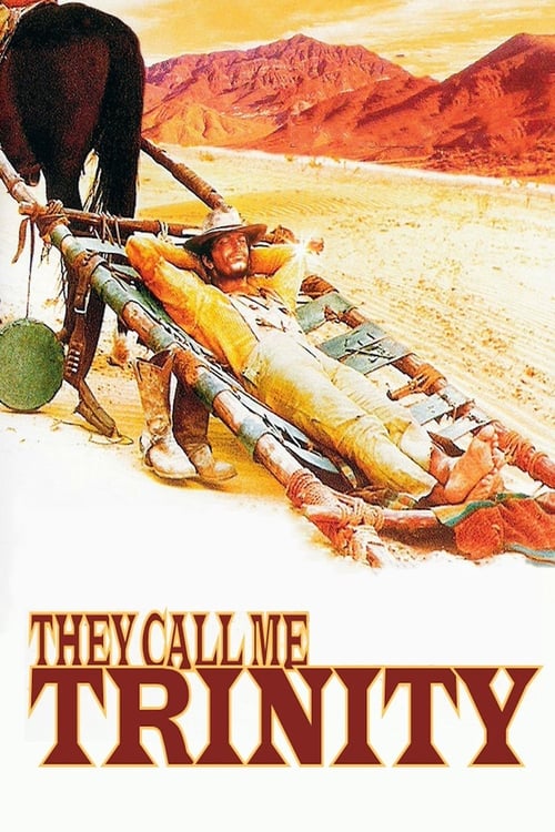 The poster features a lone figure in a desert landscape, carrying a large golden fish. The warm, earthy tones of the sand and distant red mountains evoke a sense of solitude and resilience. The bold, golden text "They Call Me Trinity" anchors the image, suggesting a powerful, almost mythical conn...