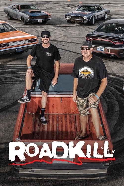 Two men in black shirts and shorts sit on a red truck bed, exuding a cool vibe against a backdrop of four classic muscle cars. The poster features bold white text with red accents, capturing the gritty, edgy atmosphere of a roadkill-themed event.