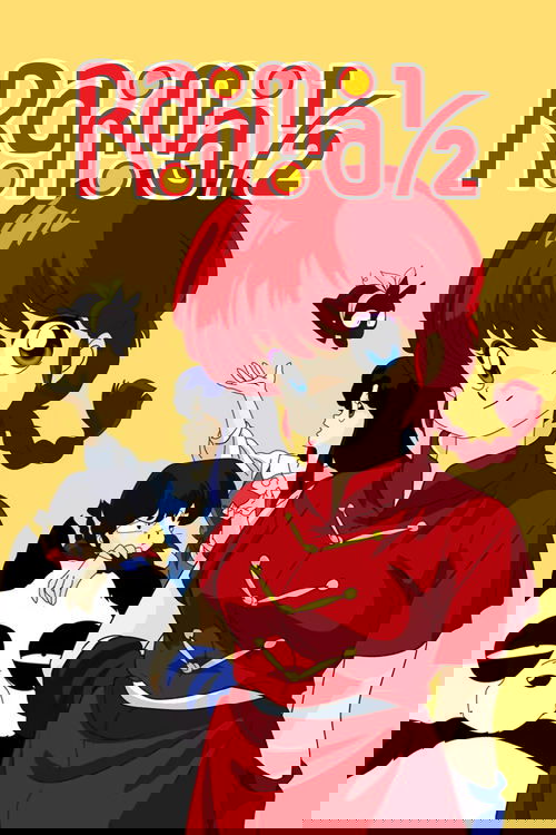 This vibrant anime poster features a cheerful red-haired girl in a traditional red outfit, exuding confidence. Behind her, a playful panda, a mischievous owl, and a determined boy add dynamic energy. The bright yellow background enhances the lively mood, capturing the essence of the show's fun an...