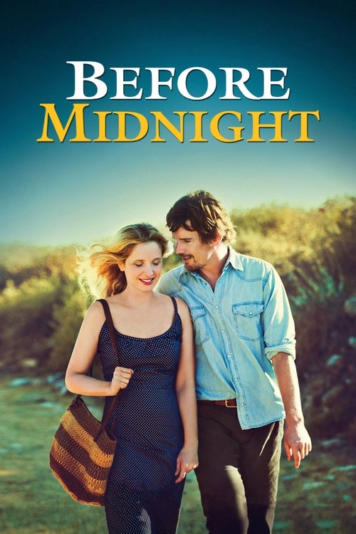 The poster features a pregnant woman and a man walking hand-in-hand against a serene, sunlit countryside backdrop. The warm, golden hues of the landscape evoke a sense of romance and tranquility, while the title "Before Midnight" hints at a romantic suspense drama.