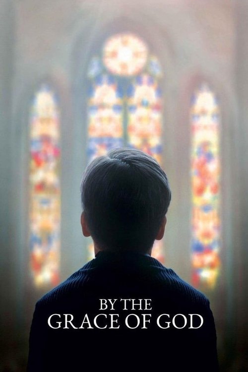 The poster features a silhouetted figure standing before three colorful stained-glass windows, evoking a sense of spiritual reflection and divine presence.