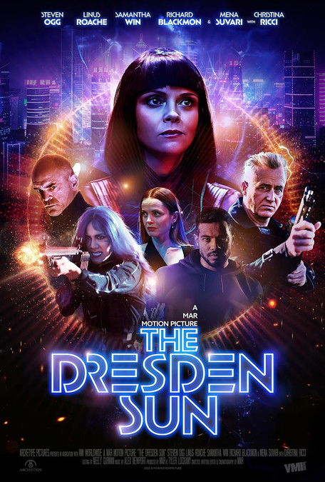 The poster features a striking central figure with long dark hair, surrounded by six other characters in futuristic attire. The vibrant blue and purple hues create a cyberpunk atmosphere, while the glowing neon text emphasizes the sci-fi theme.