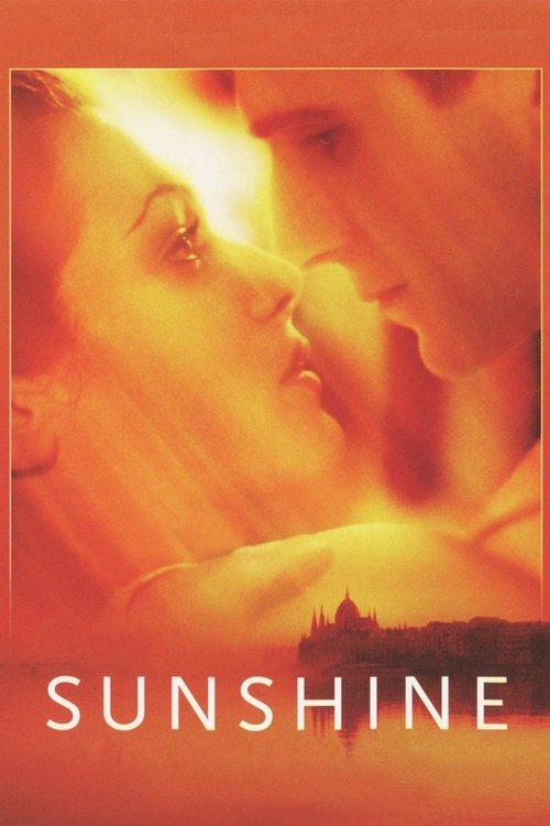 The poster features a romantic couple in close proximity, their faces illuminated by warm, golden sunlight. The vibrant hues of orange and yellow evoke a sense of passion and intimacy, while the silhouette of a building at the bottom suggests a serene, perhaps melancholic setting. The title "SUNS...