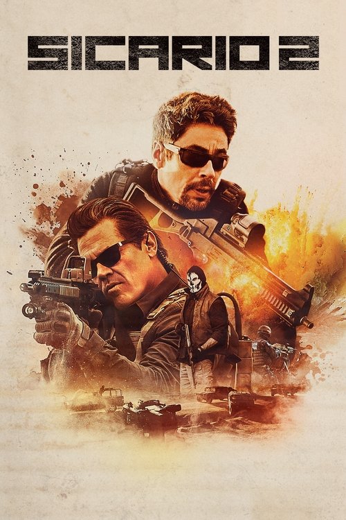 The poster features two armed men in tactical gear, one with sunglasses and the other without, holding firearms. The fiery explosion in the background suggests action and danger. The muted, earthy tones evoke a gritty, intense atmosphere.