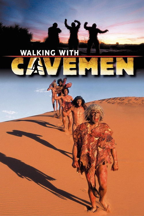 This poster features a group of cavemen walking through golden sand dunes, bathed in warm sunset hues. Silhouetted figures against the sky evoke a sense of adventure and camaraderie, while the bold title and earthy tones create a visually striking and evocative image.