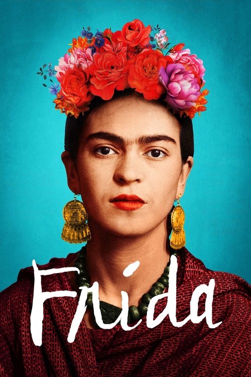 This movie poster features Frida Kahlo in a vibrant red dress, adorned with a colorful floral crown against a teal background. The bold white text "Frida" adds a striking visual impact, evoking a sense of artistic expression and cultural richness.