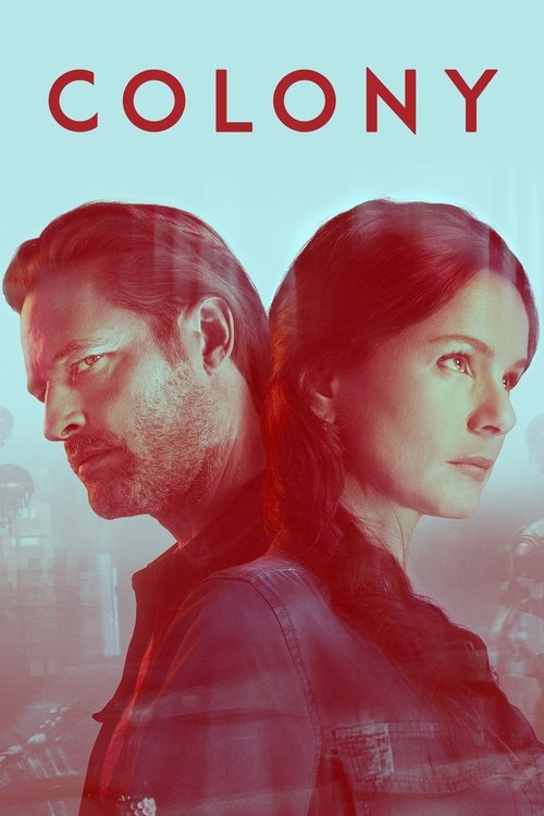 The poster features a man and woman with serious expressions, set against a muted, overcast sky. The red and blue tones create a somber atmosphere, suggesting themes of conflict or mystery.