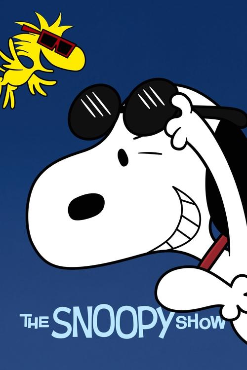 The Snoopy Show poster features Snoopy wearing sunglasses and a red tie against a deep blue background. A yellow bird with sunglasses perches nearby, adding to the playful, cartoonish atmosphere. The overall mood is cheerful and lighthearted, capturing the essence of classic animation.