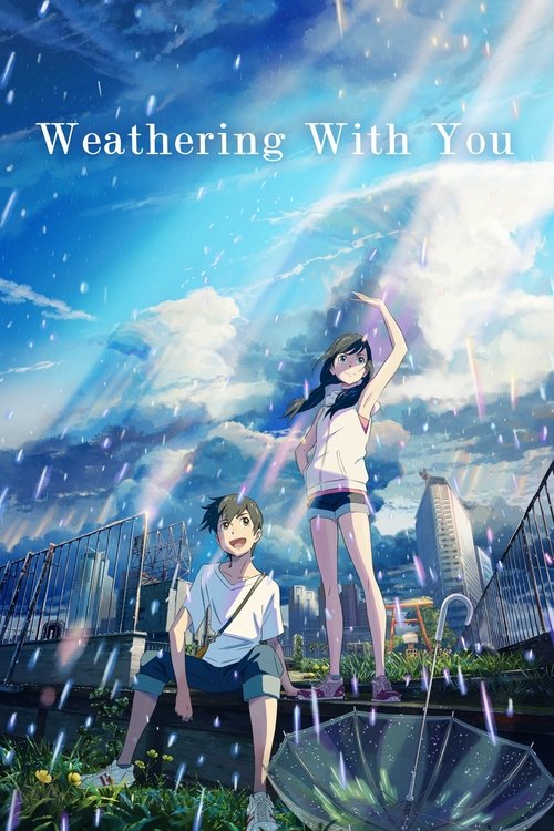 The poster features two young characters in a dreamy, rain-soaked cityscape. The vibrant blue sky and fluffy clouds evoke a sense of wonder and romance. The soft lighting and gentle rain create an intimate and nostalgic atmosphere, capturing the essence of the movie's emotional journey.