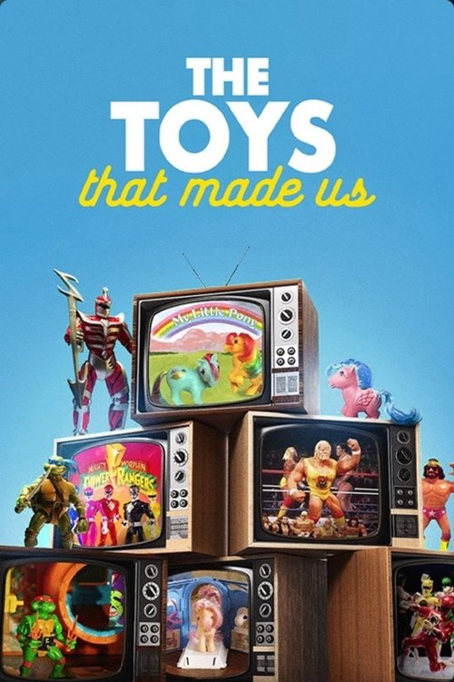 The poster showcases a vibrant collection of vintage toys scattered across a wooden block, with colorful figures like Iron Man and a princess peeking out. The playful, nostalgic mood is enhanced by the bright blue sky and cheerful colors, evoking a sense of childhood wonder and timeless fun.
