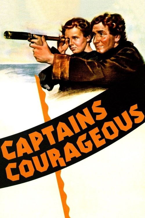The poster features two men in a tense standoff, with one aiming a rifle. The bold orange text "CAPTAINS COURAGEOUS" dominates the lower portion, emphasizing the film's gritty, action-packed theme. The dramatic composition and intense expressions convey a sense of danger and suspense.