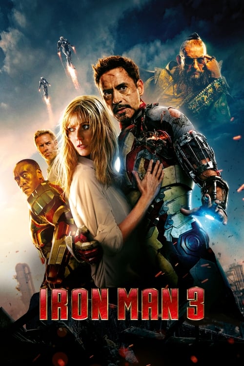 The poster features a dramatic scene with Iron Man, Tony Stark, and a woman in a white dress, set against a backdrop of explosions and futuristic city lights. The colors are intense, with fiery oranges and deep blues creating a sense of action and urgency. The mood is one of high tension and hero...