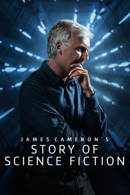 The poster features James Cameron in a contemplative pose against a dark, starry background, evoking mystery and depth. The cool blue tones and dramatic lighting create an atmospheric mood that hints at the sci-fi genre.