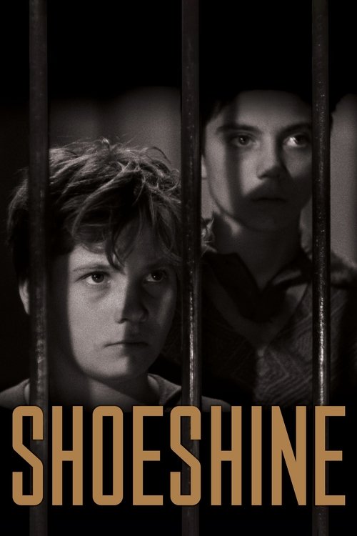The poster features two young men framed through vertical bars, conveying a sense of confinement and introspection. The muted, sepia-toned palette evokes a somber, melancholic mood. The title "SHOESHINE" in bold, golden letters anchors the image, suggesting themes of redemption or hope amidst dar...