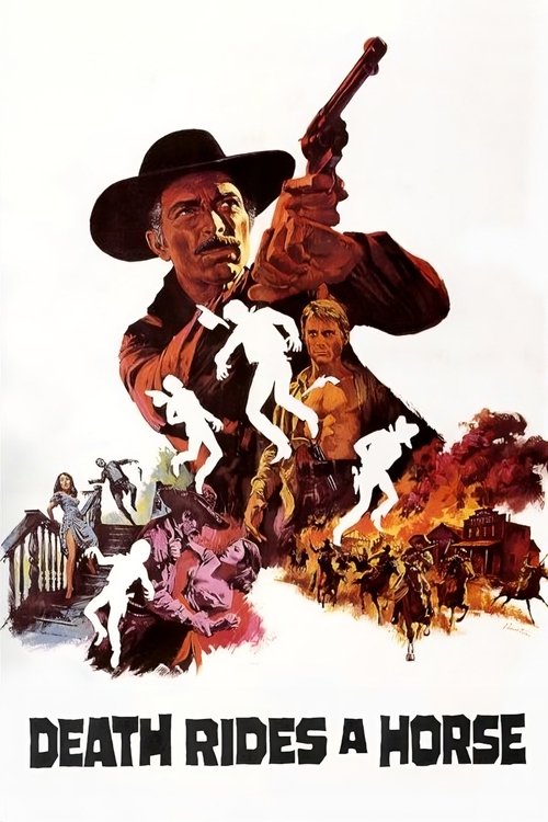 This movie poster captures a thrilling western scene with a cowboy in a red coat and black hat, holding a rifle aloft. Below him, silhouettes of riders and horses are depicted against a fiery background, suggesting action and danger. The title "Death Rides a Horse" is prominently displayed at the...