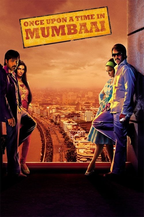The poster features four characters in vibrant, contrasting outfits against a warm, sunset-lit backdrop of Mumbai's skyline. The mood is nostalgic yet energetic, capturing the essence of Bollywood cinema's rich cultural heritage.