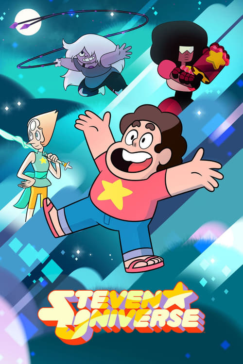 This vibrant poster features the beloved Steven Universe characters in dynamic poses against a cosmic backdrop. The bright colors and energetic expressions convey a sense of adventure and wonder, capturing the show's magical universe.
