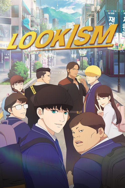 The poster features a group of anime characters in a bustling city street, with a vibrant blue and yellow color scheme. The mood is energetic and lively, capturing the essence of a modern urban setting. The title "LOOKISM" is prominently displayed in bold, golden letters, drawing attention to the...