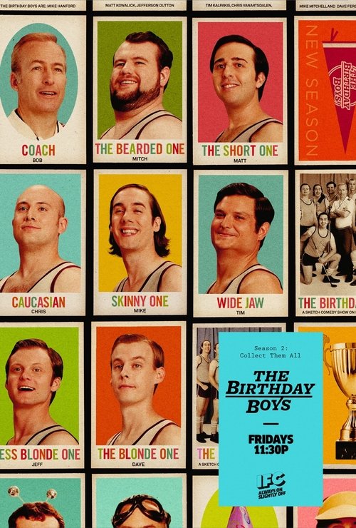 The poster features twelve iconic characters from "The Birthday Boys" arranged in a grid, each with a distinct color background. The mood is nostalgic and celebratory, capturing the essence of the show's comedic and heartwarming tone.