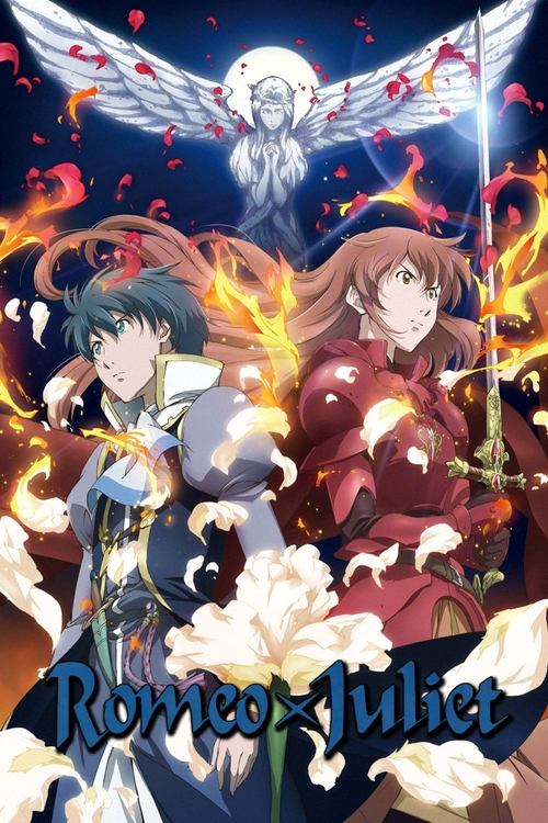 This poster features Romeo and Juliet in dramatic poses against a fiery, magical backdrop. The vibrant reds and oranges create a passionate atmosphere, while the ethereal angel above adds a mystical touch. The title "Romeo × Juliet" is prominently displayed at the bottom, emphasizing the romantic...