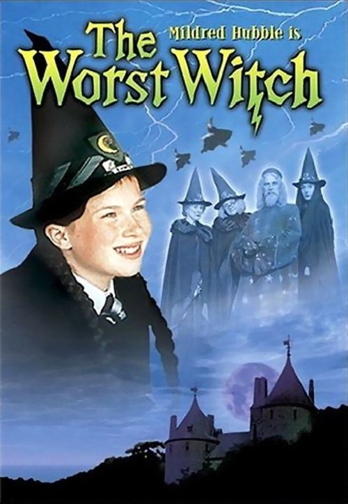 The poster features a cheerful young witch in a black hat, with a spooky castle and haunted figures in the background. The dark blue and purple hues create a mysterious, eerie atmosphere, while the bright yellow title contrasts sharply with the darker elements.
