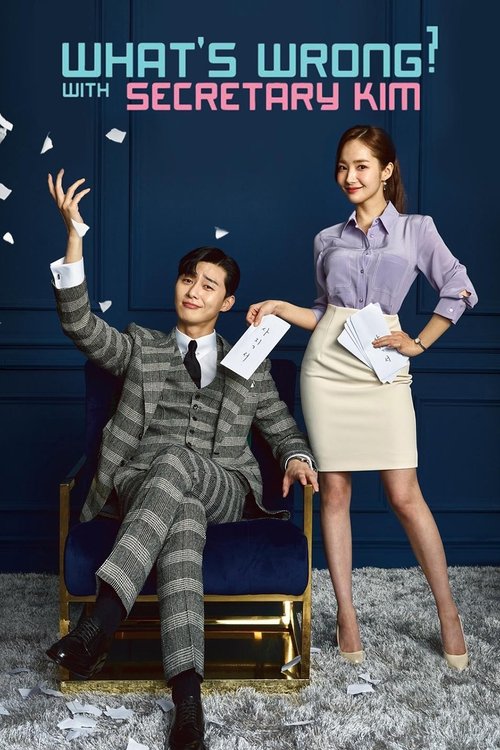 The poster features a man in a striped suit lounging on a chair while a woman in a purple blouse and beige skirt stands beside him, holding papers. The dark blue background contrasts with the light gray floor, creating a dramatic and humorous atmosphere. The title "What's Wrong with Secretary Kim...