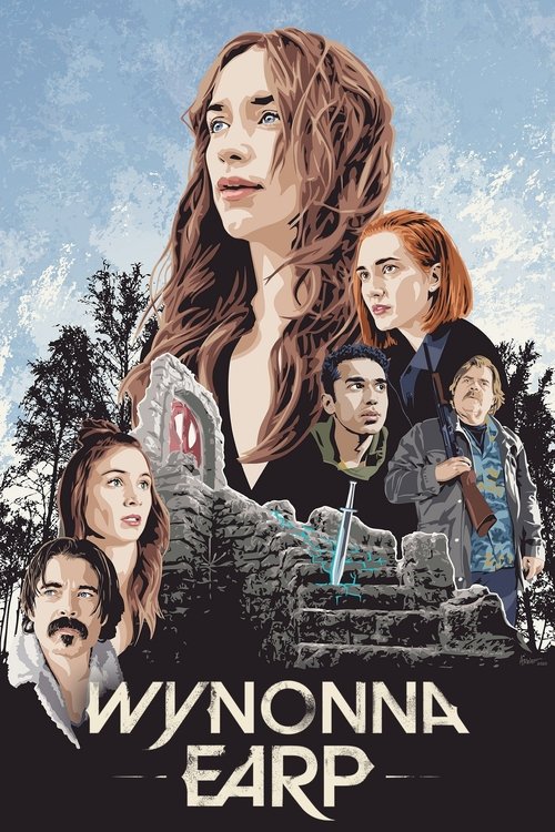 The poster features a striking composition with a central woman in a stormy forest, surrounded by six other characters in various poses. The muted earthy tones and dark clouds create a moody, suspenseful atmosphere, while the bold white text "WYNNNA EARP" anchors the image.