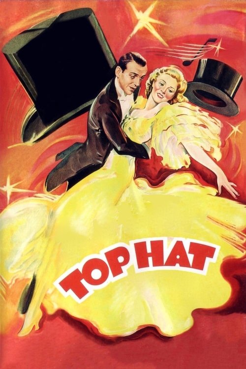 A glamorous couple dances in a vibrant yellow dress against a fiery red background, with a magician's hat looming overhead. The poster exudes romance and magic, capturing the essence of a classic film moment.