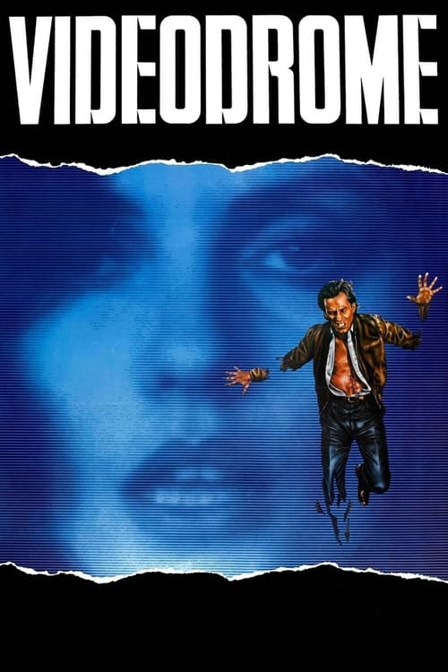 The poster features a man in a leather jacket and tie, seemingly floating or suspended against a deep blue background. A close-up of a woman's face dominates the upper portion, with her eyes wide and mouth slightly open. The title "VIDEODROME" is boldly displayed at the top in white letters. The ...