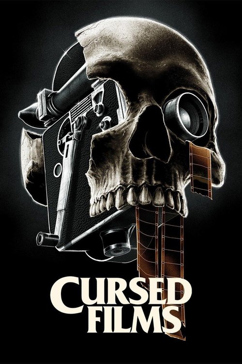 The poster features a menacing skull with a pistol strapped to its head, set against a dark background. The bold, white text "CURSED FILMS" dominates the bottom, evoking a dark, suspenseful mood.