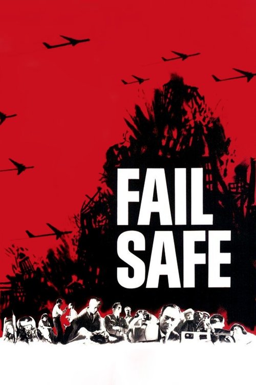 The poster features a striking red background with silhouettes of people and airplanes, creating a sense of urgency and danger. The bold white text "FAIL SAFE" dominates the center, emphasizing the film's theme of failure and safety. The overall composition evokes a gritty, suspenseful atmosphere.