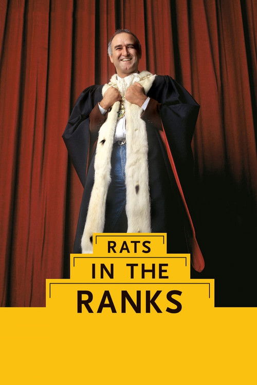 The poster features a man in a fur-lined coat against a backdrop of red curtains, exuding a theatrical and humorous vibe. The bold yellow text at the bottom reads "RATS IN THE RANKS," emphasizing the comedic and satirical tone of the film.